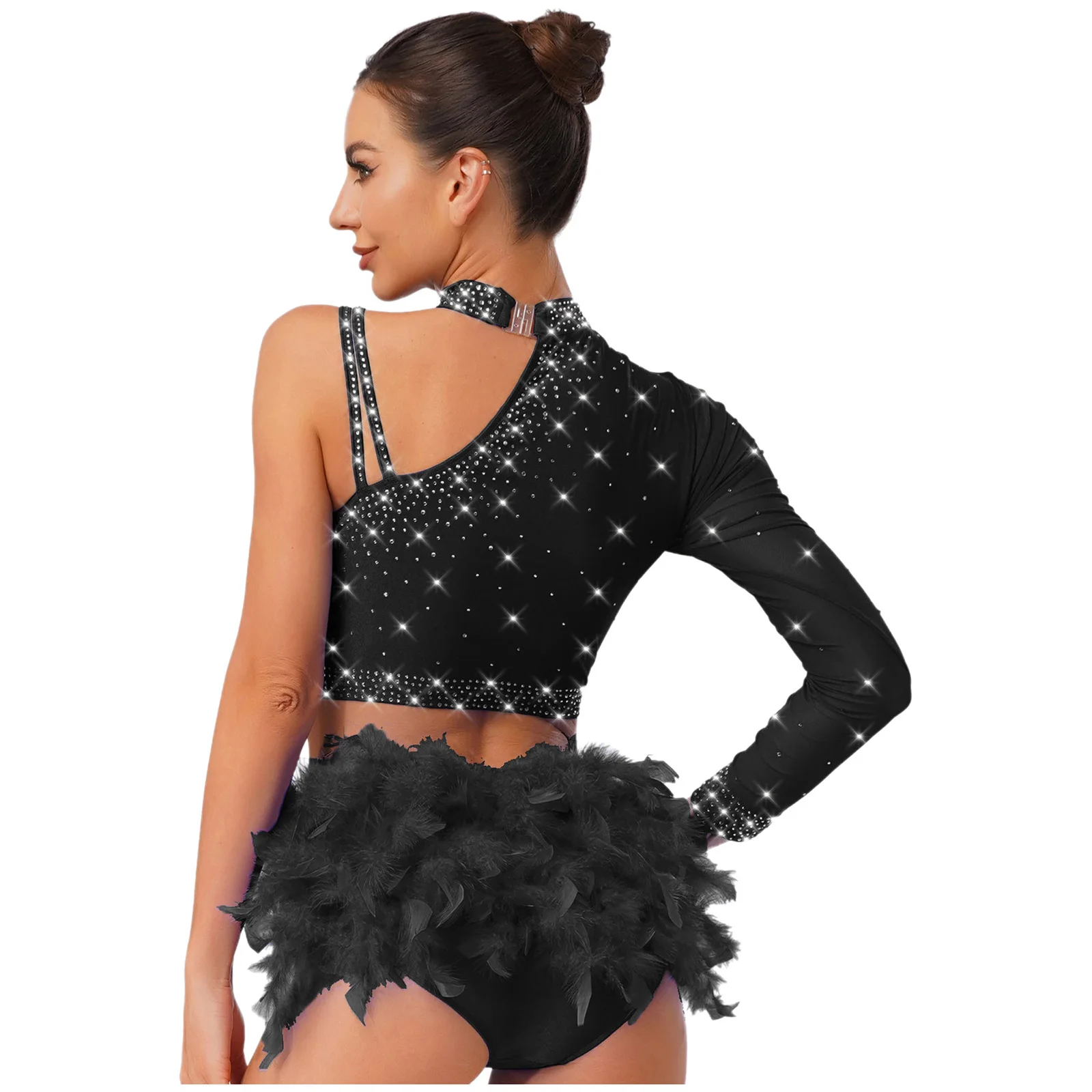 

Women Jazz Latin Belly Dance Crop Tops Rhinestones Shirts Single Long Sleeve Top for Modern Dance Skating Performance Costume