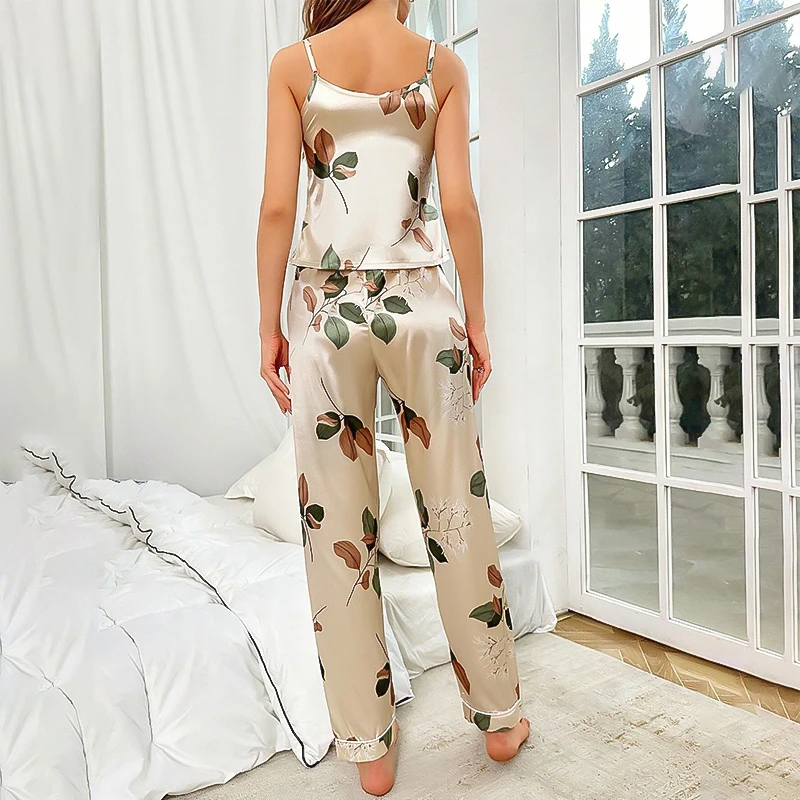 Women\'s Satin Pajama Pj Set Luxurious Leaf Pattern Printing Camisole & Long Pants Pajamas 2-Piece Soft Sexy Sleepwear Loungewear