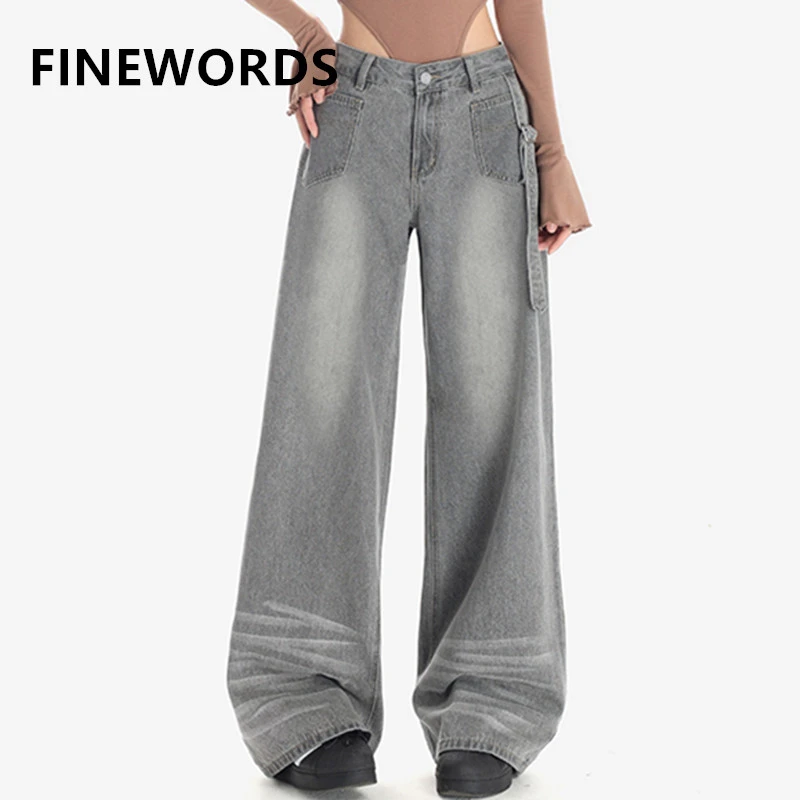 

FINEWORDS High Waist Retro Washed Gray Jeans Women Easymatch Korean Wide Leg Jeans Streetwear Harajuku Casual Baggy Jeans