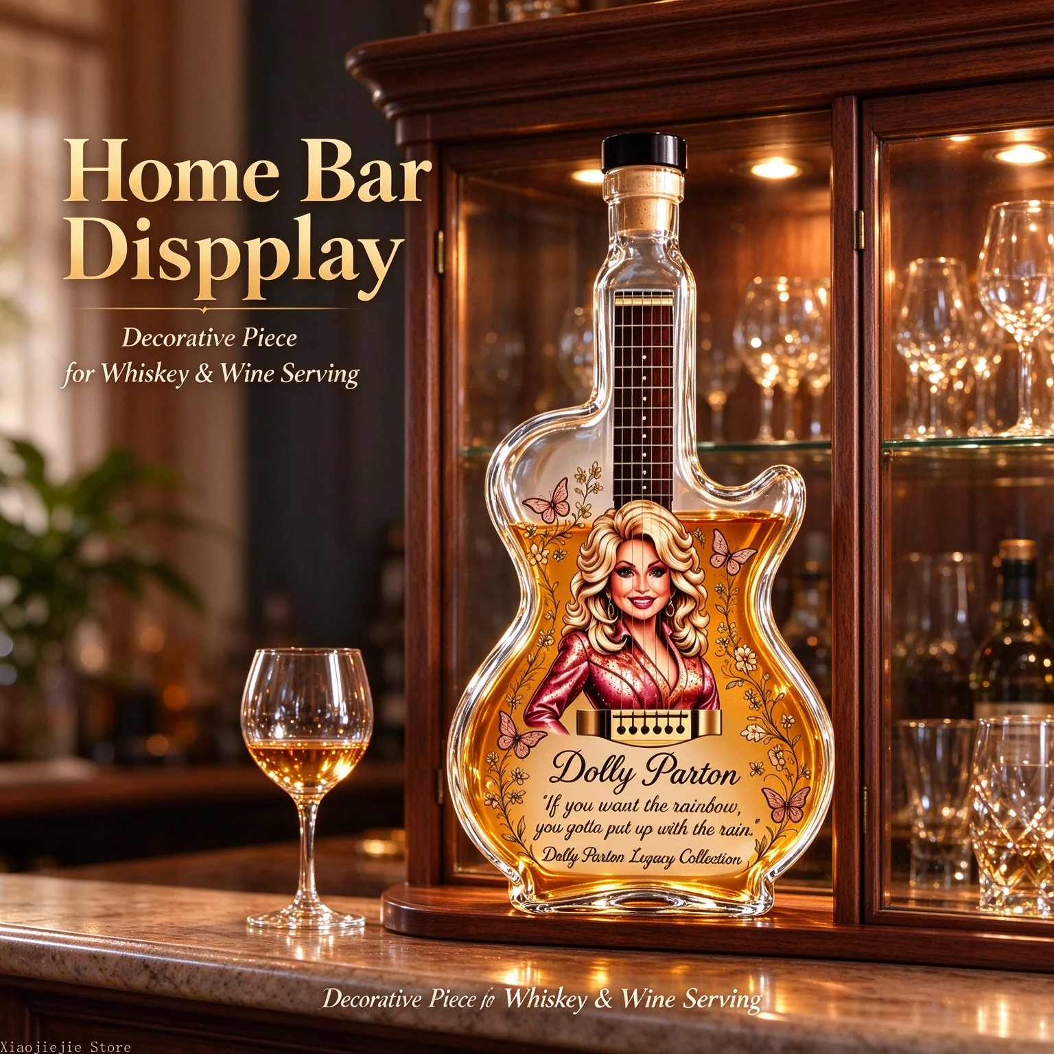 Guitar Design Glass Whiskey Decanter, Dolly Parton Themed Decor Wine Bottle, Country Fan Gift, Home Bar Display Ornament