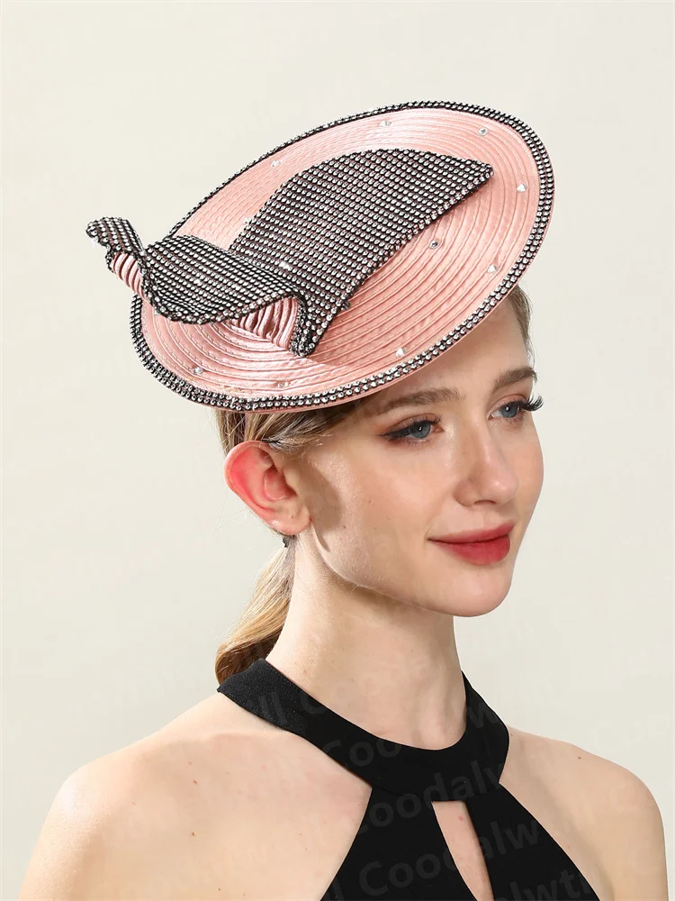 Chic Coral Rhinestone Fascinator Hat Women Church Race Headpiece Ladies Elegant Race Event Headpiece With Headband Ladies Party
