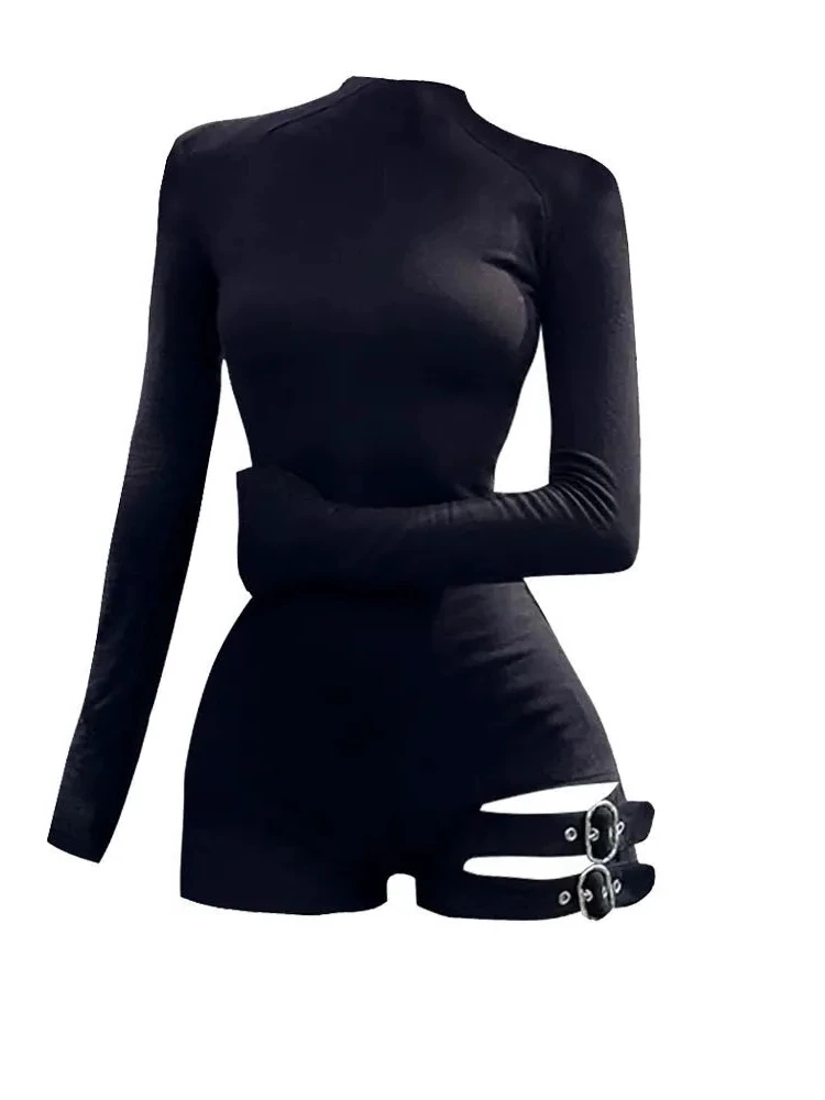 

plus Size Agent Style Hollow out Long Sleeve Onesie with Short Pants Slimming Design Zipper Detail Women's Base Layer T-Shirt