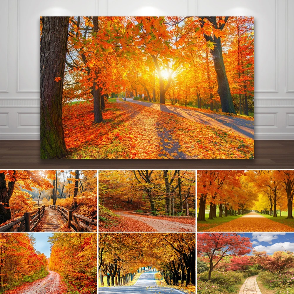 

Autumn Yellow Tree Landscape Photography Background Leafy Bridge Forest Road Nature Backdrop Room Decoration Photo Studio Props