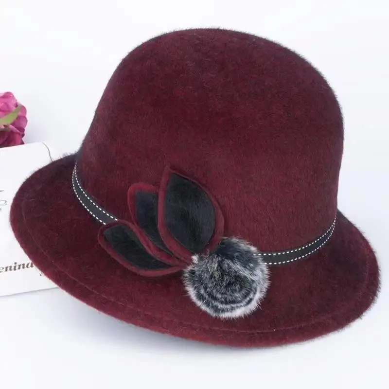 Vintage Elegant Women Hat Flower Pompom Solid Color Wool Felt Fedoras With Brim For Ladies Autumn Winter Female Jazz Cap