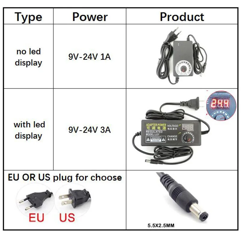 Universal Adjustable 9V 12V 15V 18V 24V Volt 1A 3A 24W 72w Power Supply charger Adapter AC 220V DC 8/10/34pin connector plug t1