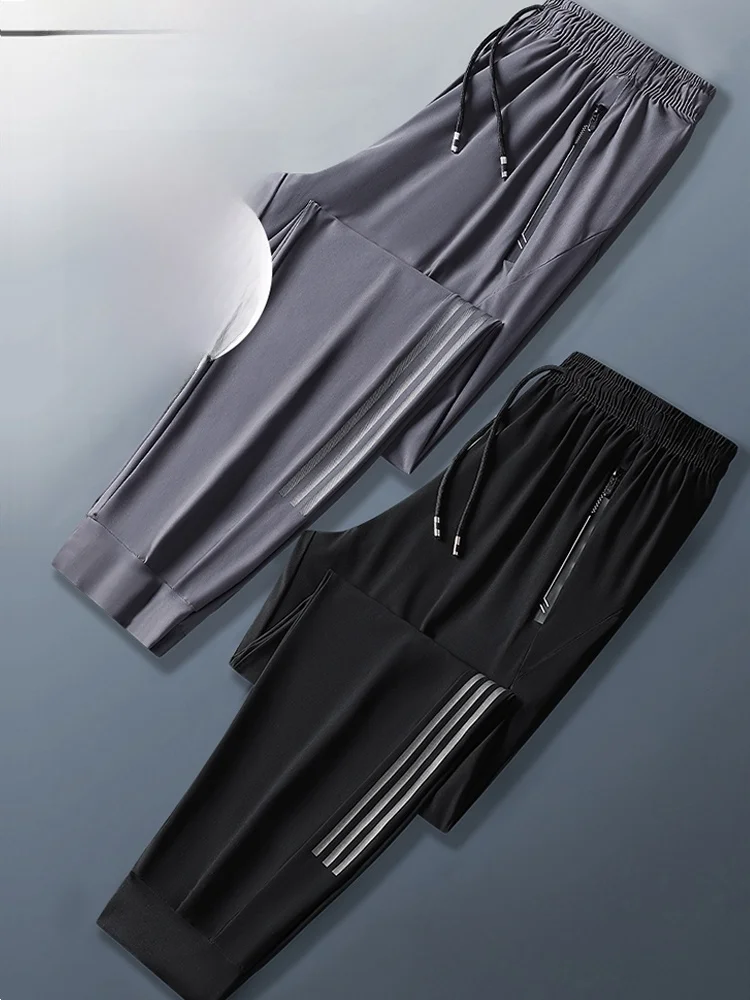 

Мужские летние тонкие спортивные брюки из эластичного ледяного шелка, быстросохнущие, свободного кроя, больших размеров, модные, стильные