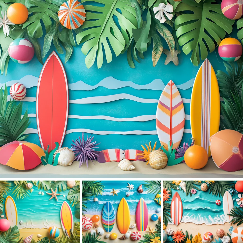 Summer Hawaii Beach Party Decor Backdrop Seaside Sea Tropical Flowers Surfboard Shell Birthday Party Photo Background Banner