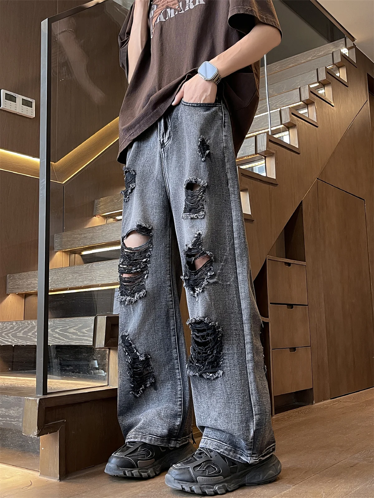 

Retro Black Jeans Men's Street Hip Hop Loose Straight Leg Pants Summer Casual Fashion Brand Hole Punching Cool Style Long Tro...