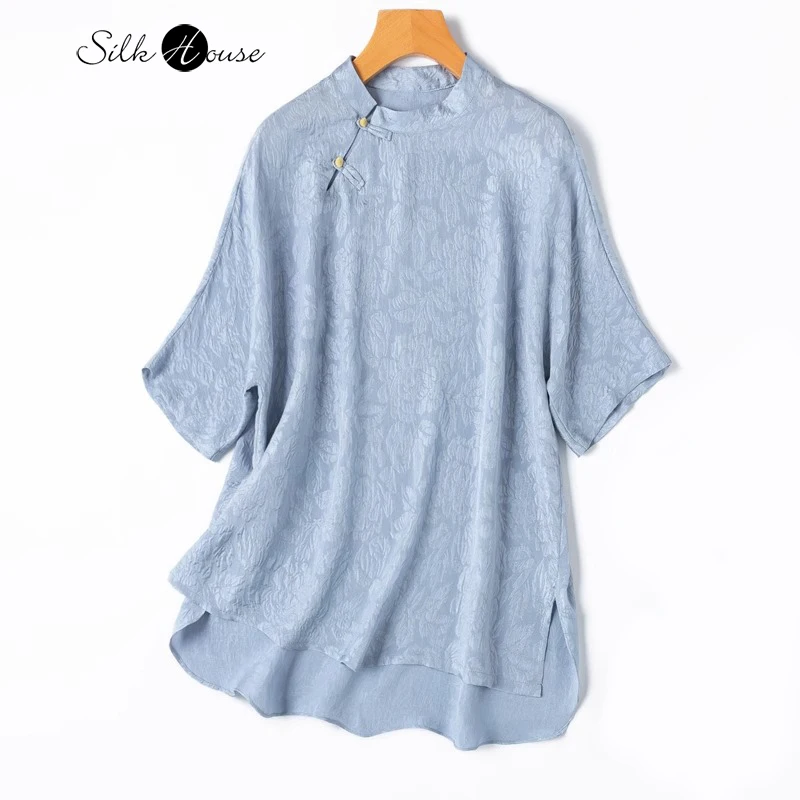 

2024 Women's Summer New Soft Glutinous Relief 100% Natural Mulberry Silk GuanLe Crepe Standing Neck Sleeves Loose Blue T-shirt