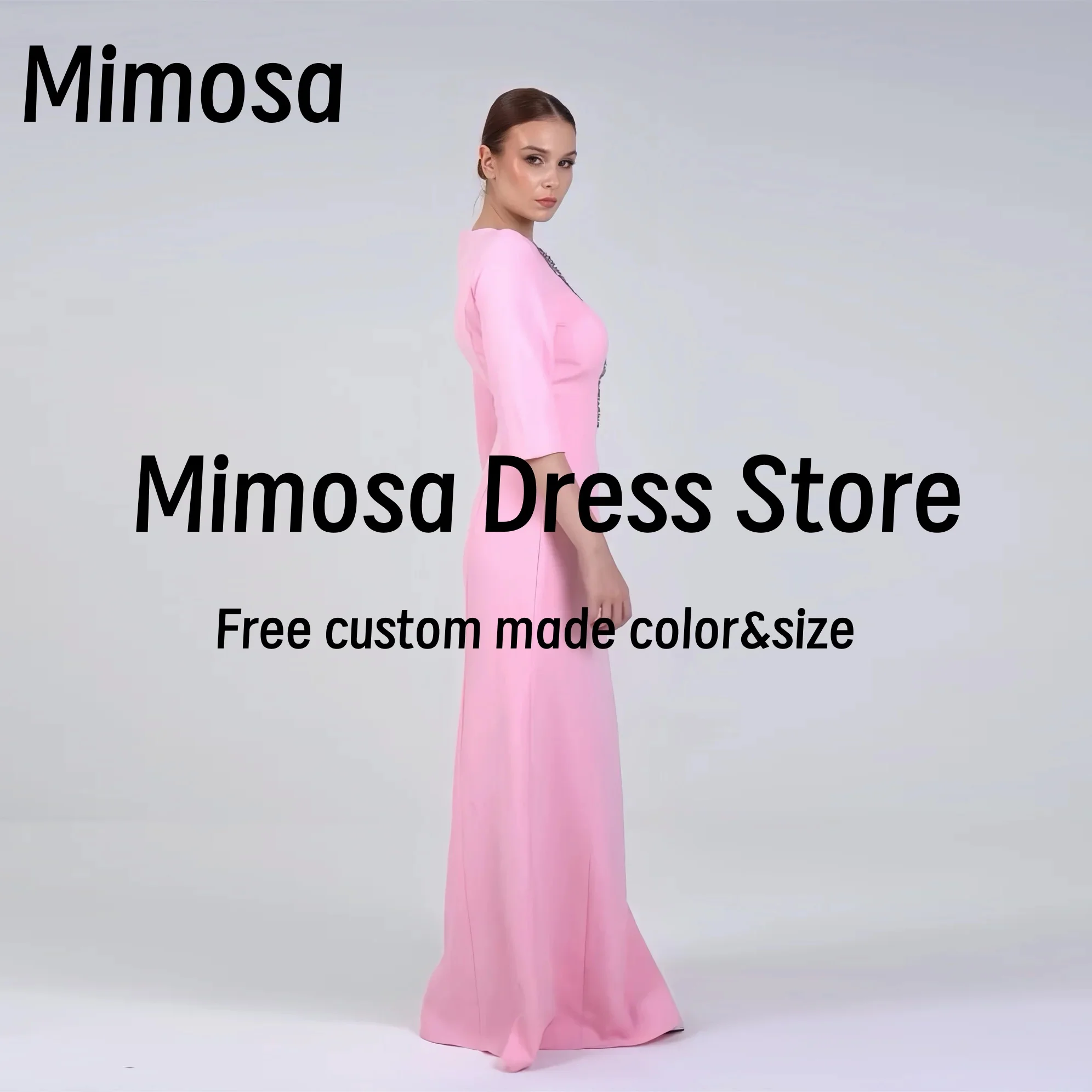 Mimosa Pink Satin Floor Length Evening Dresses Beaded O-Neck Prom Dress Half Sleeves Special Occasion Party Gowns Customized