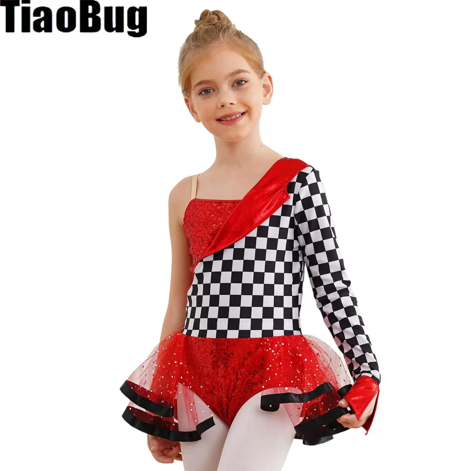

Girl One Shoulder Sequin Ballet Dance Tutu Dress Checkerboard Racer Jumpsuit Costume Halloween Race Car Driver Fancy Dress Up