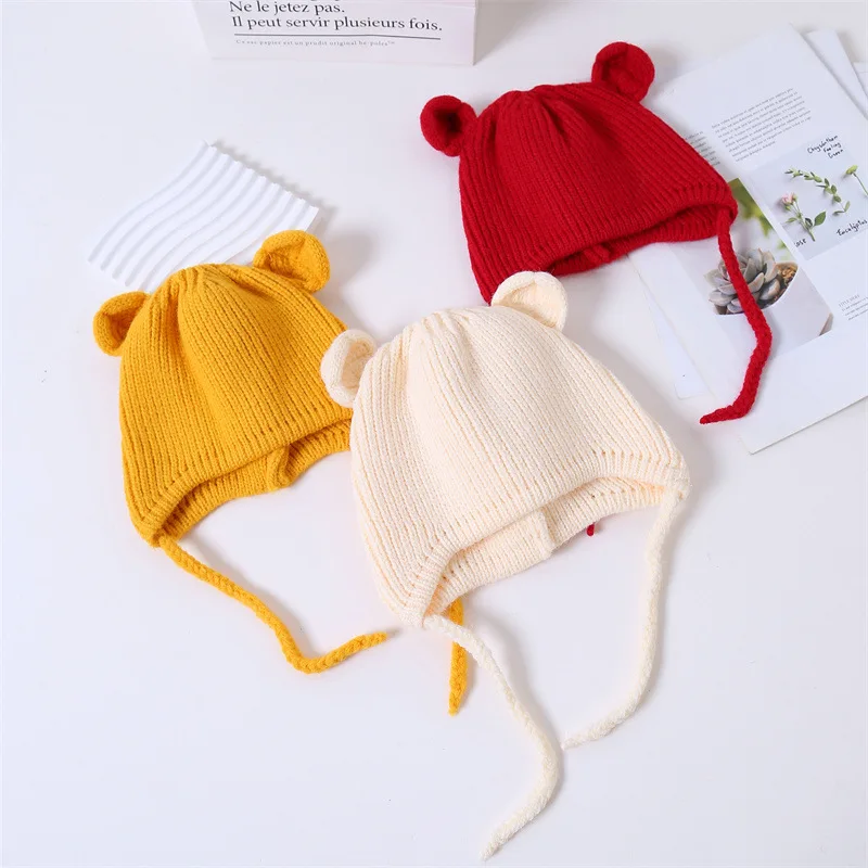 Cute Baby Hat With Ears Autumn Winter Toddler Boys Girls Knitted Beanie Solid Color Infant Kids Warm Earflap Cap