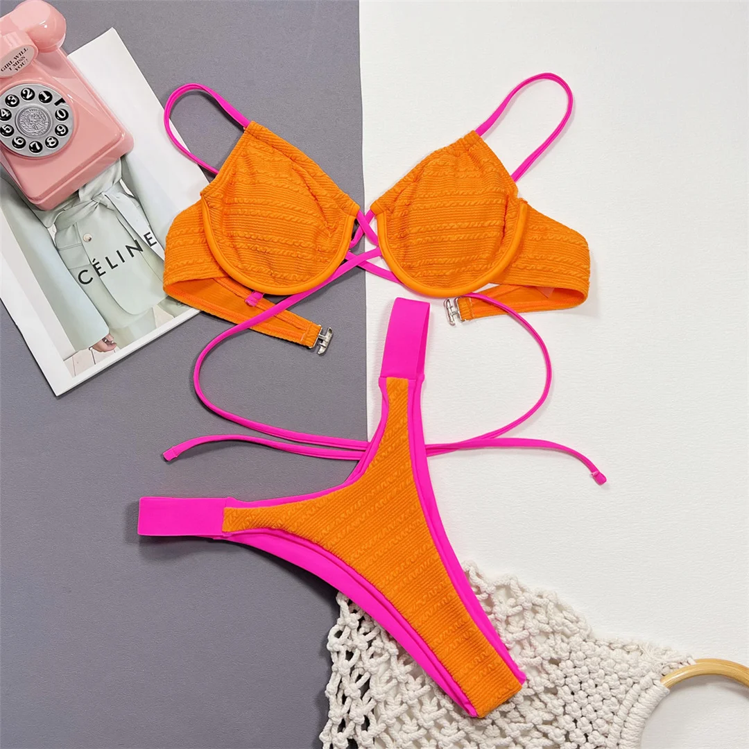 Sexy, mit Bügeln versehener, brasilianischer Bikini, Damen-Badeanzug, zweiteiliges Bikini-Set, Badebekleidung, Badeanzug, Modell V5874. – Detail 9