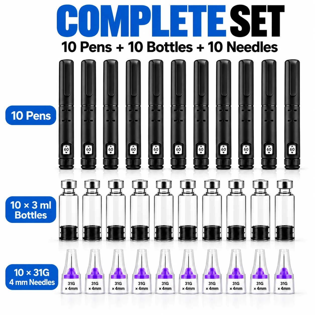 30PCS Sets Disposable Adjustable Dose Insulin Peptide Injector Pen 3ml Cartridge 4mm Pen Tip Precise Volume Control Injection