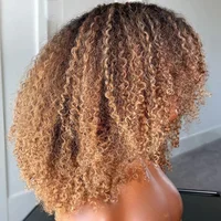 Glueless Ombre Blonde 26“Long Kinky Curly 180Density Lace Front Wig With Bangs For Women Heat Resistant Natural Hairline Daily 2