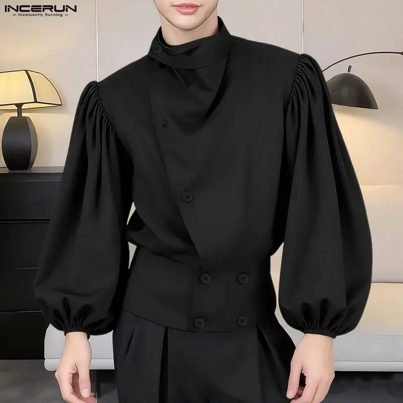 

INCERUN Men Shirt Solid Color Stand Collar Puff Long Sleeve Casual Men Clothing Loose Streetwear Fashion Camisas Tops Men 2026