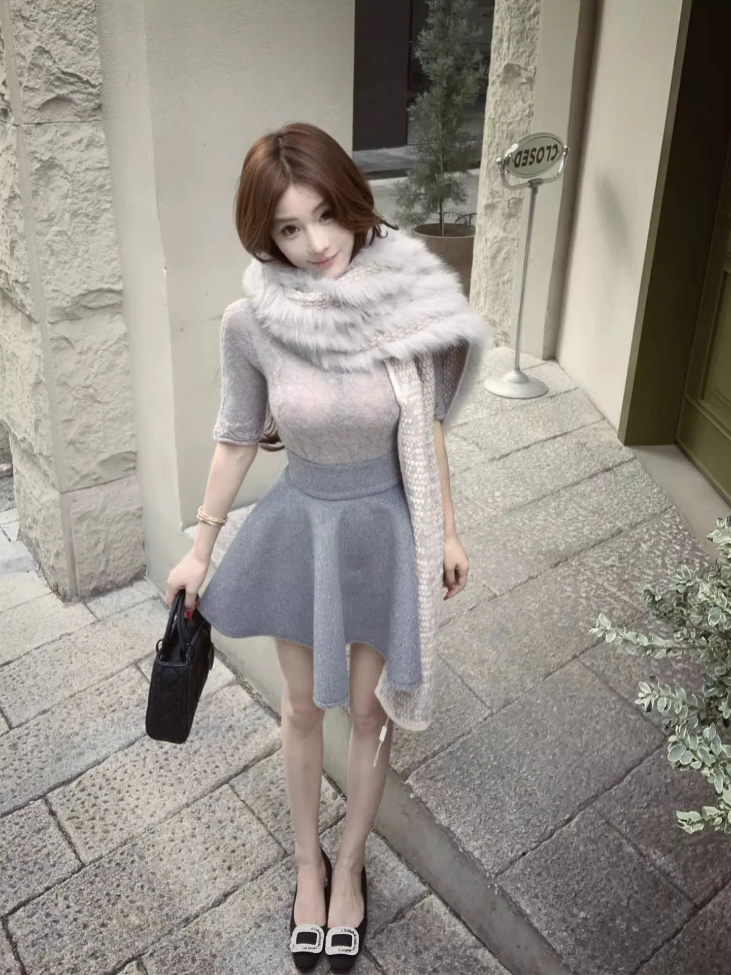 

Комплект XZY: Модный вязаный костюм из шерстяной смеси с плиссированной юбкой и укороченным топом на высокой талии для женщин больших размеров, зимний, облегающий, с пятью рукавами