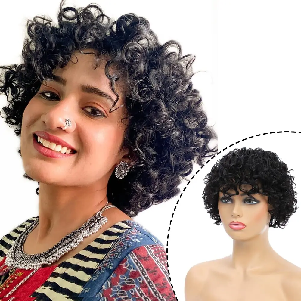 Pixie Cut Short Curly Human Hair Wigs For Black Women Bob Wigs Deep Water Wave None Lace Front Wigs Human Hair Curly Wigs With B