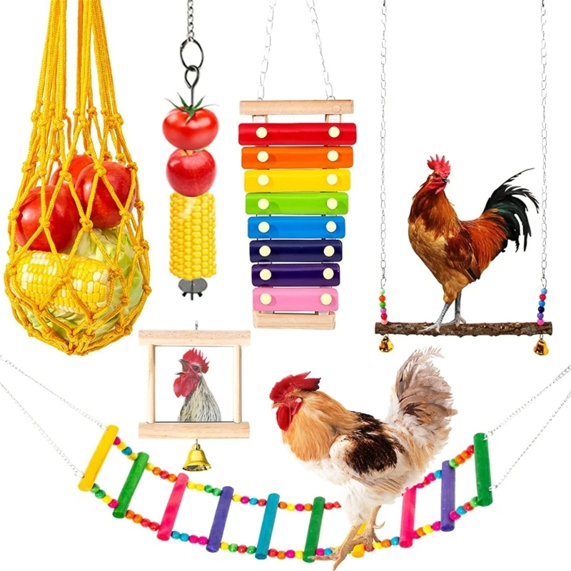 6Pcs Parrots Toy Large Swing Stand Colorful Ladder and Perch Mirror Music Toy Vegetable Fruit Net Skewer for Coops