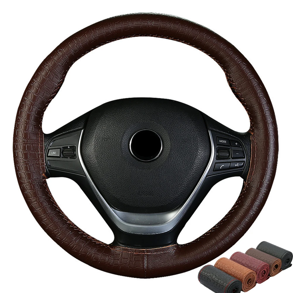 Braid Genuine Leather Steering Wheel Cover Embossing Pattern Leather Braiding for Auto Steering Wheel 38CM Car Accessories