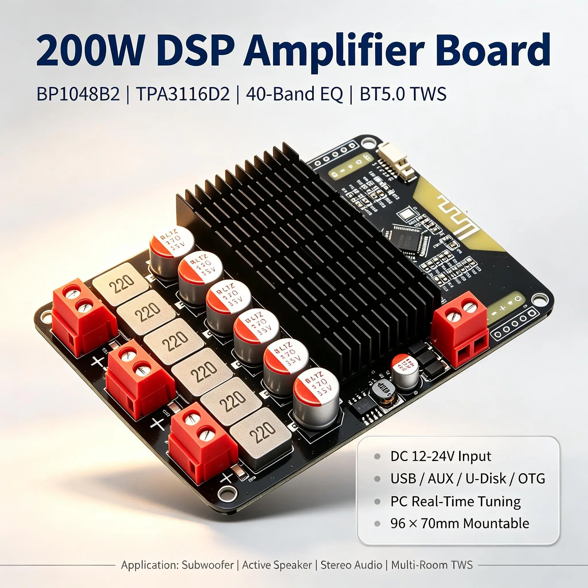 DYKB 200W DSP 2.1 Amp Board TPA3116 BT5.0 Active Xover Type-C USB Tuning 40-Band EQ For DIY Speaker Subwoofer & AUX Sound Card