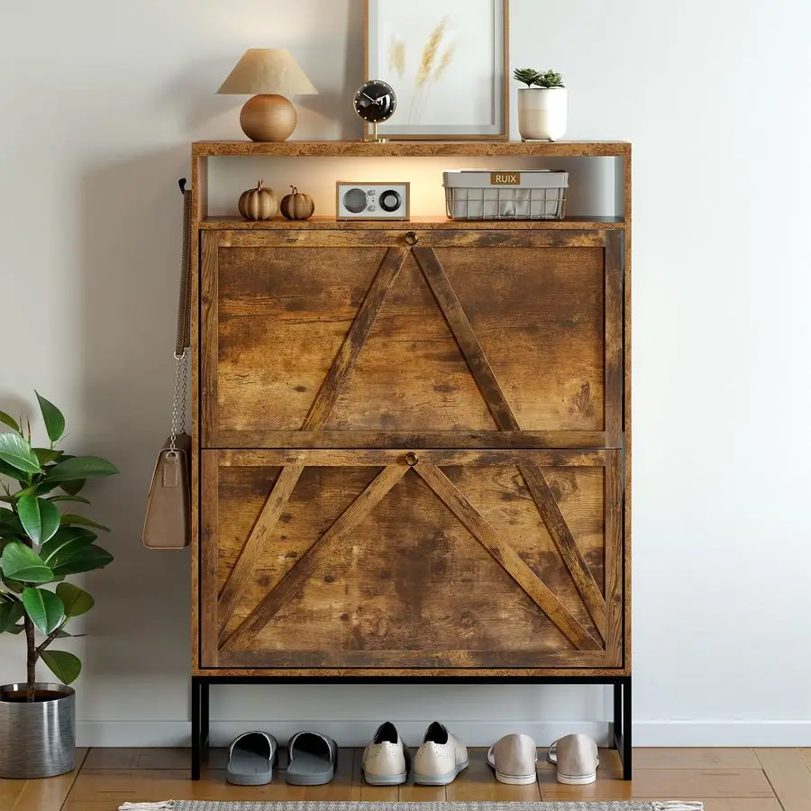 

Шкаф для хранения обуви с двумя откидными ящиками, современный скрытый органайзер для хранения обуви, узкая деревянная отдельно стоящая полка для обуви с движением