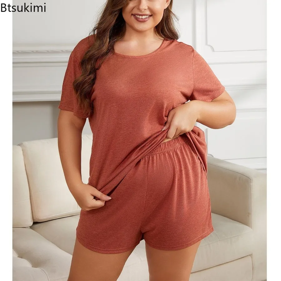 

Женский летний пижамный комплект, однотонные свободные шорты с короткими рукавами, комплект из 2 предметов, дышащая хлопковая повседневная одежда для сна, размер XL-5XL, большие размеры