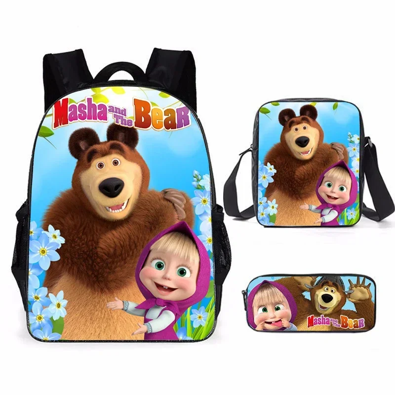 Casual masha and the bear Kids Backpack Schoolbag, 3D Cartoon Backpack Travel Bag Computer Bag For Girl