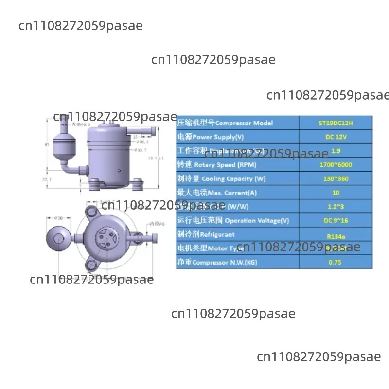 St19Dc Compressor 12V24V48V Max 450W Capacity R134A Suitable for Portable Refrigerator Mini Air Conditioner Compressor