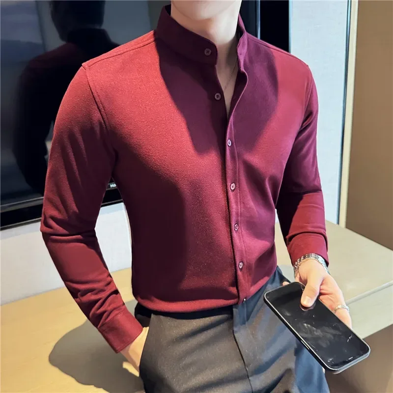 Autumn Winter Woolen Shirt Men British Style Stand Up Collar Casual Shirt Fashion Slim Business Social Formal Dress Shirts M-4XL