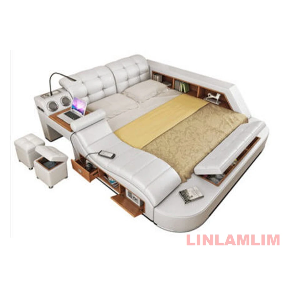 Linlamlim Tech Smart Genuine Leather Bed | Multifunctional Ultimate Bed | Massage Tatami Bed with Speaker, USB | Upholstered Lit