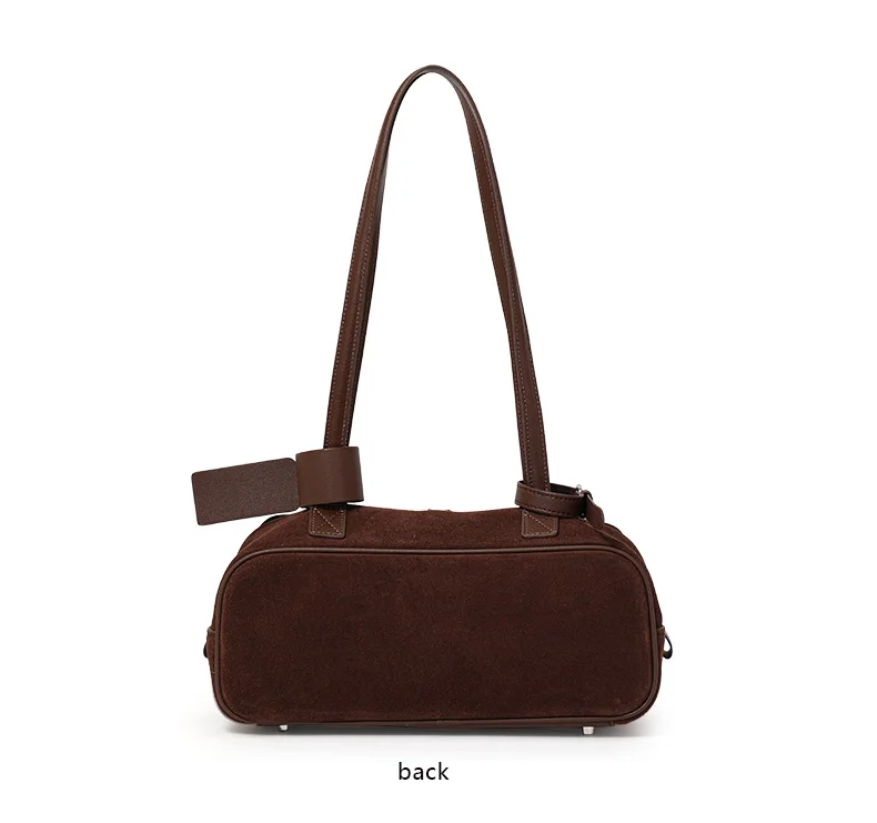 Echte Rindsleder-Damenhandtasche, Einzel-Schulter-Unterarmtasche, Wildleder-Gebürstete Bowling-Tasche – Detail 11