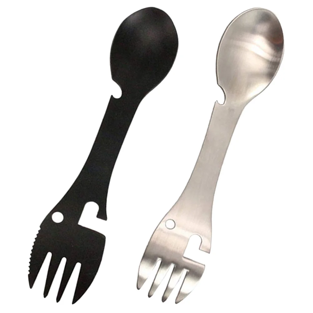 2 Pcs Integrated Knife and Fork Spoon Camping Utensils Sporks Stainless Steel 5-in-1 Travel