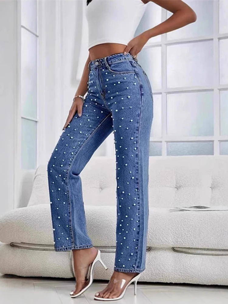 

Y2k Pearl Women Denim Pants High Street Elegant Baggy Loose Jeans for Lady Fashion Casual Vintage Straight Light Blue Trousers