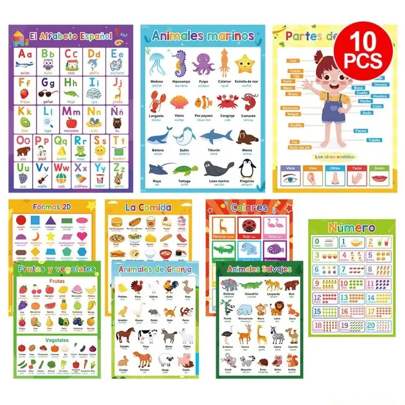 10Pcs Educational Classroom Wall Posters 11.22x8.26Inch Colorful Laminated Language Posters For Student Preschooler