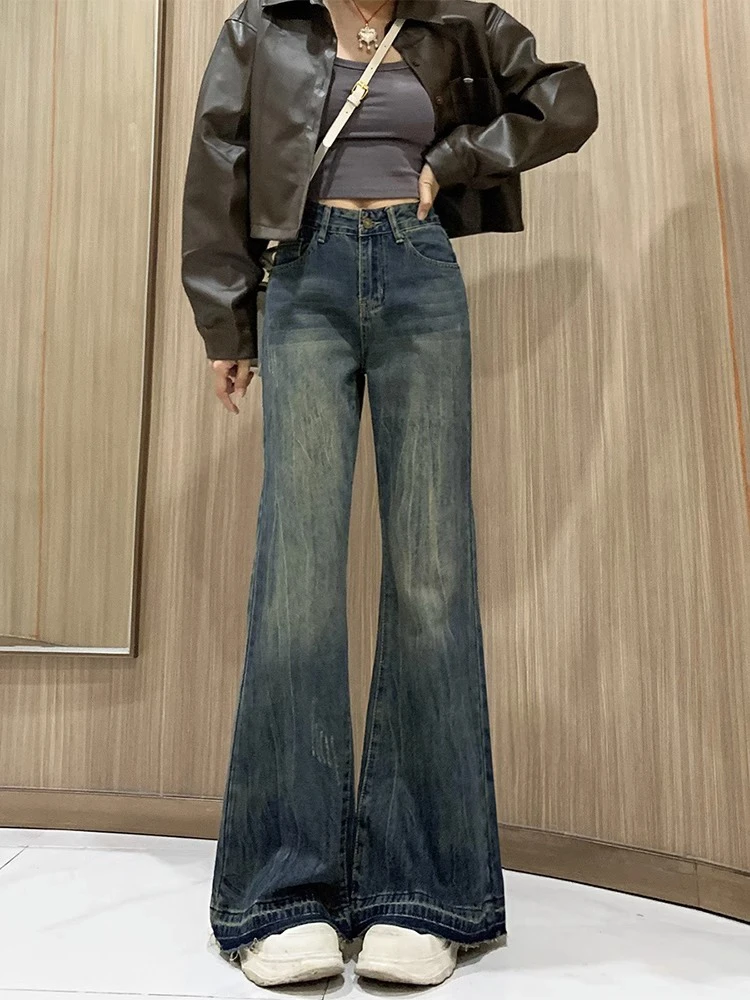 Jeans a gamba larga a vita alta blu retrò americano Donna Primavera Autunno 2025 Nuovi pantaloni lunghi fino al pavimento micro svasati di piccole dimensioni