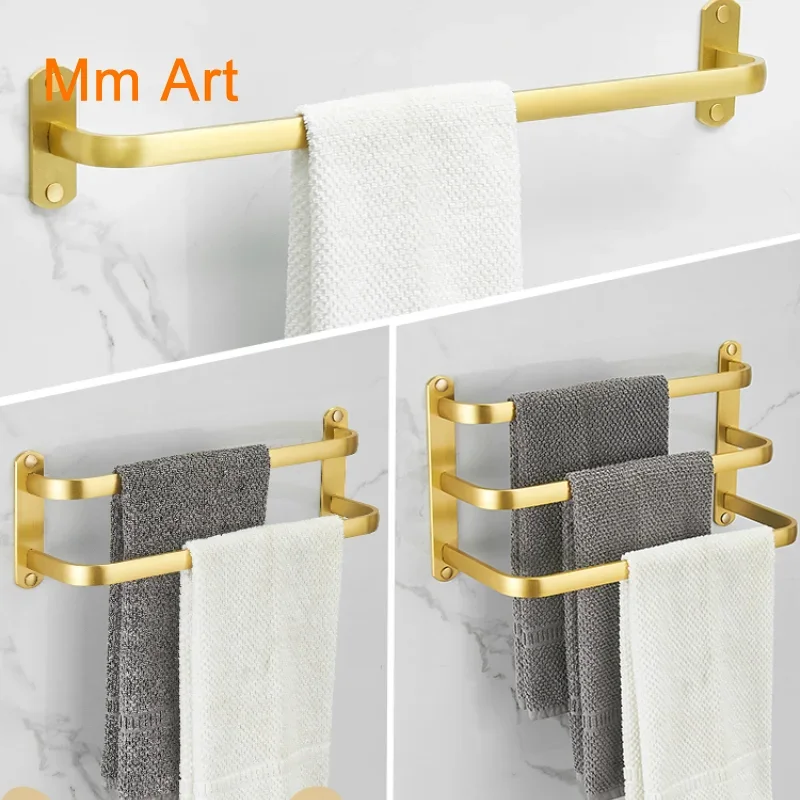 

Brushed Golden Bathroom Towel Rack Double Rod Bathroom Hanger Three-Layer Towel Hanging Rod Light Luxury Punch-Free Wall-Mounted