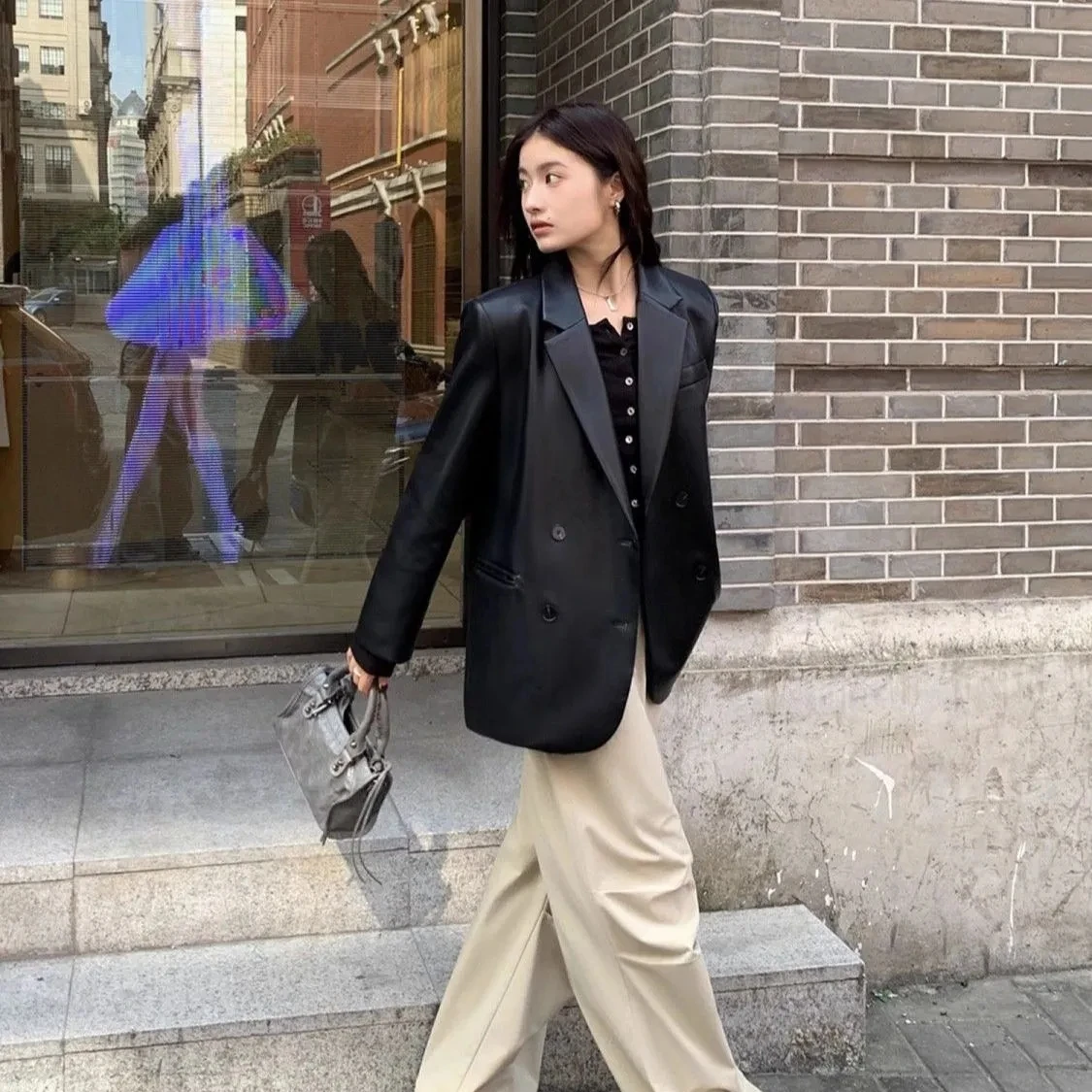 2025 terno preto feminino jaqueta de couro novo estilo macio coreano couro do plutônio high-end feminino solto blazer casaco de couro