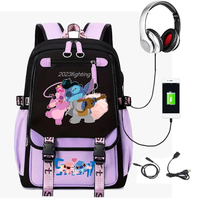 حقائب ظهر Loli Stitch USB للمراهقات ، حقيبة ظهر كرتونية ، حقيبة لابتوب قماش ، حقائب مدرسية ، حقيبة ظهر لطيفة للنساء ، سعة