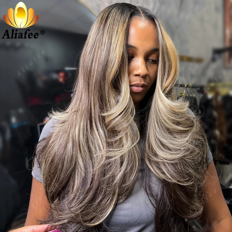 

13x6 Balayage Highlight Парик Фронта Шнурка Человеческие Волосы 13x6 HD Парики Фронта Шнурка Объемная Волна 200% Плотность FB/27 Цветные Фронтальные Парики