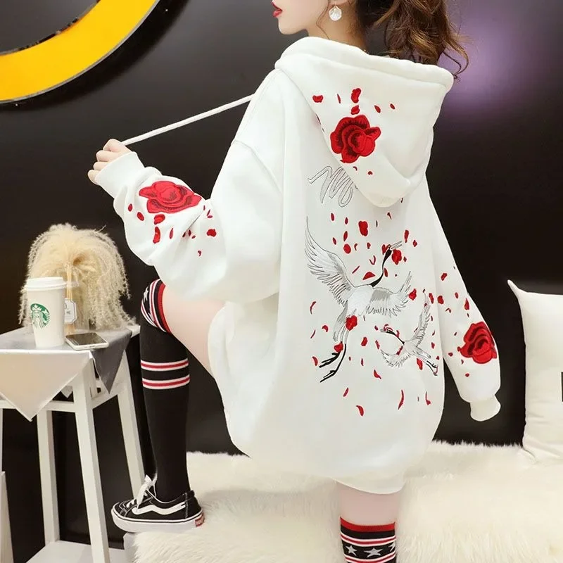 

Women Hoodies Chinese Style Embroidery Sweatshirts White Crane and Flower Embroidery Hoodies Sweatshirts New Fashion East Style