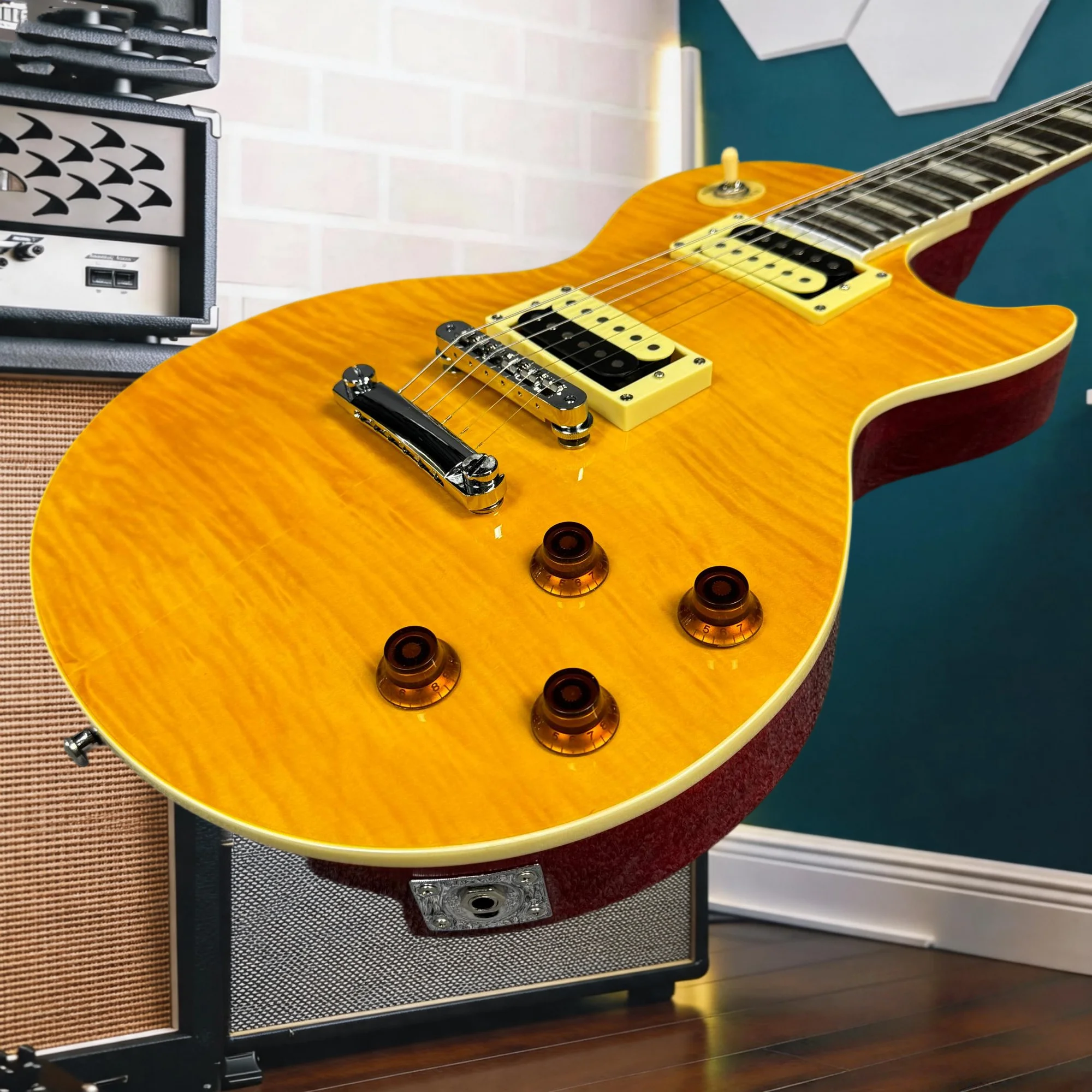 LPQ Solid Body Electric Guitar Lemon Yellow Flamed Maple Top, HH Humbucker Pickups, Vintage Warm Tone for Hard Rock