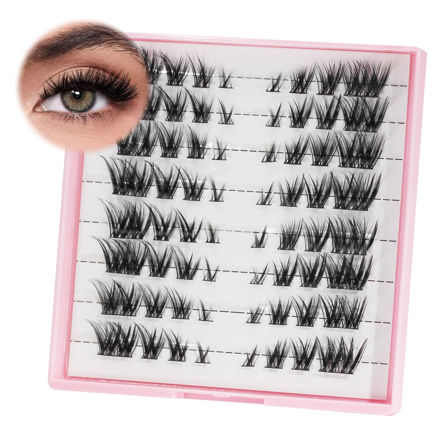 64-Cluster-Wimpern, Fox Eye, individuelle Cluster-Wimpern, DIY-Katzen-Wimpernverlängerung, natürlicher Comic, schlanke Wimpern in gemischter Länge
