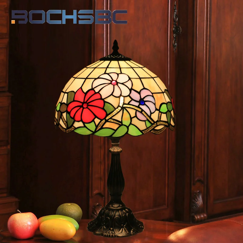 BOCHSBC Tiffany style stained glass red morning glory 12inch desk lamp Light lamp for living room study cafe bedroom LED decor