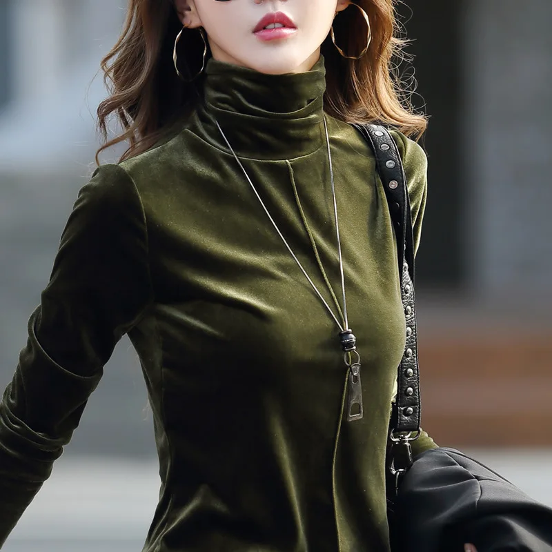 Thickened Autumn and Winter Lining with Velvet High Collar Slim Fit Long Sleeved T-Shirt for Women New Base Shirt Fashion Top