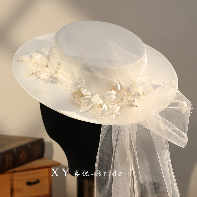 French Style White Satin Fedoras Elegant Flower Bowknot Wedding Hat with Long Veil Prom Cocktil Evening Party Formal Fedora Hat