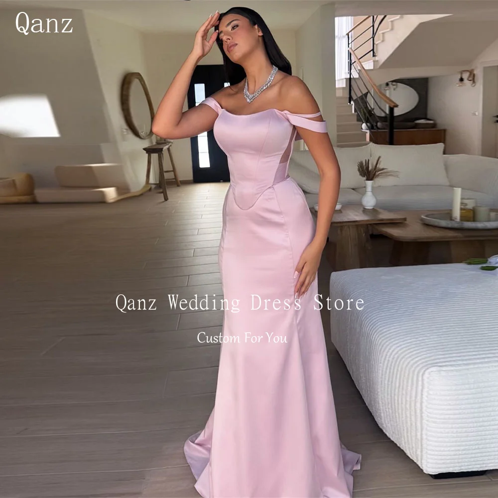 

Qanz Sexy Off The Shoulder Mermaid Evening Dresses Pink Satin Formal Occasion Dresses Strapless Vestidos Para Mujer Customized