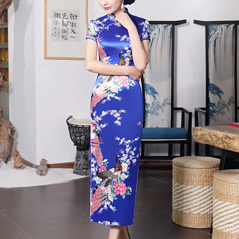 Casual Spring Satin Dress Chinese Cheongsam Print Flower S-3XL Solid Color 1pcs Cardigan No Elasticity Polyester Women