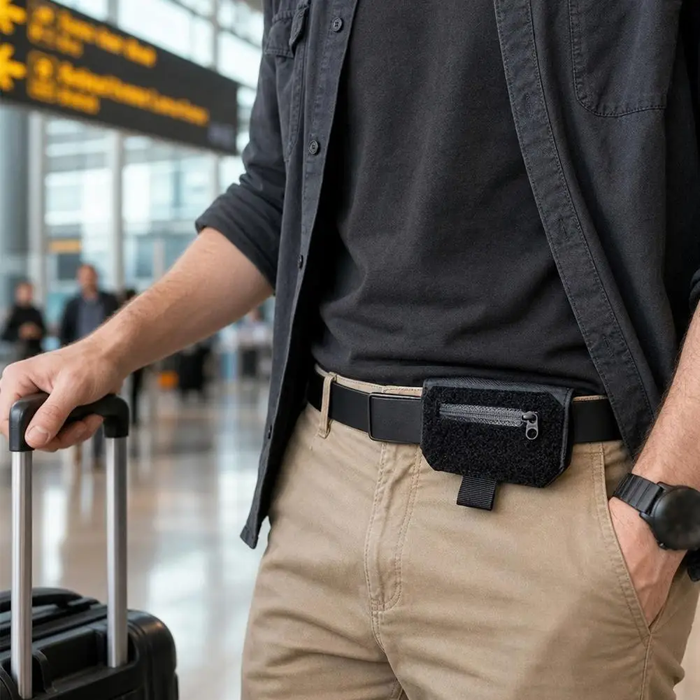 Pochette de ceinture de voyage antivol discrète avec panneau auto-agrippant pour espèces, cartes et documents