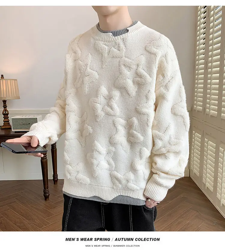 Autumn Winter Pullover Sweater Men Round Collar Loose Teenagers Knitwear Warm Solid Warm Soft Flower Star Print